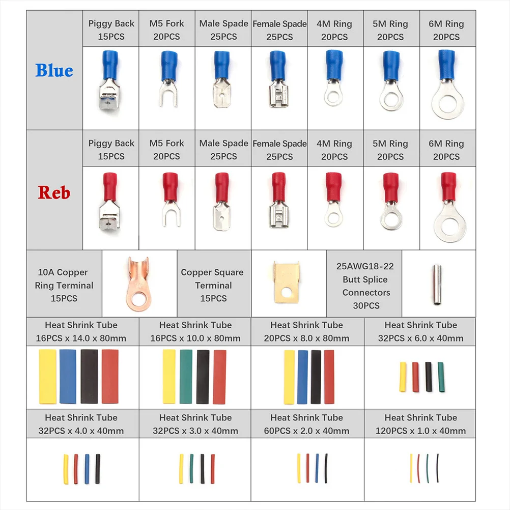 

350Pcs Cold-Press Terminal Connection Assorted Wire Terminals Heat Shrink Tubes Re-Sealable Storage Case Auto Electrical