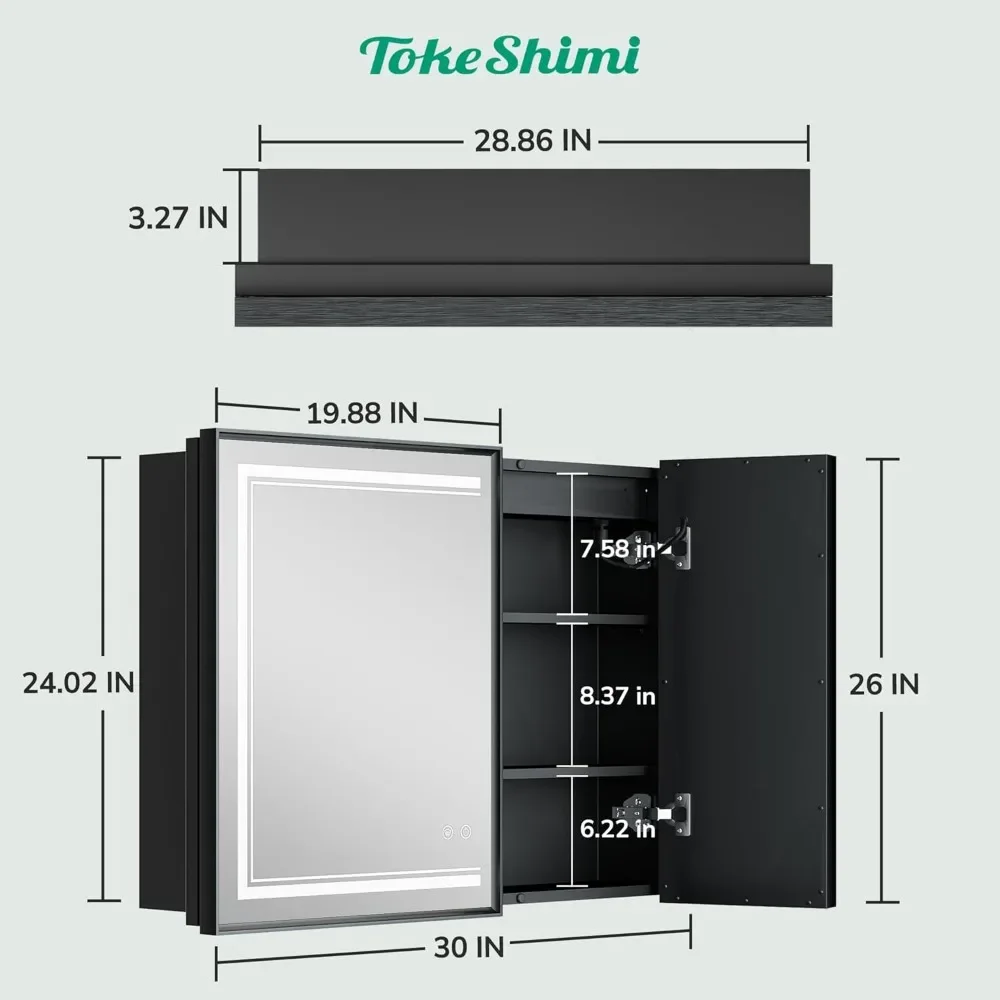 30x26 Black Medicine Cabinet with Lights Mirror, 3-Color Stepless Dimmable LED Mirror Medicine Cabinet Wall Mounted