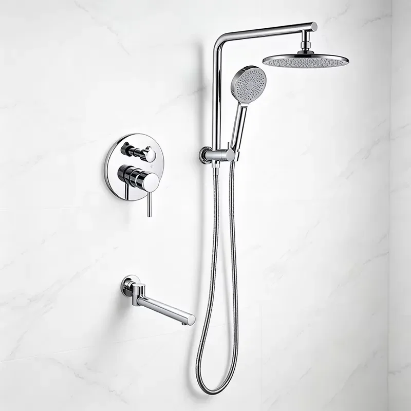 WEIHAO Chrome Concealed Wall Mounted Shower Mixer Set 3 Function Rain Shower System With Handheld Sprayer and Tub Spout