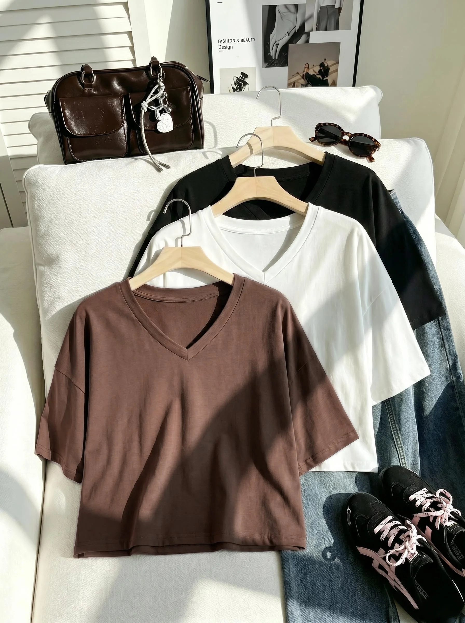3 Pack Multi-color Women V Neck Loose Drop Shoulder Short Sleeve Cropped T Shirt 2026 Summer Casual Solid Basic Daily Wear Relax