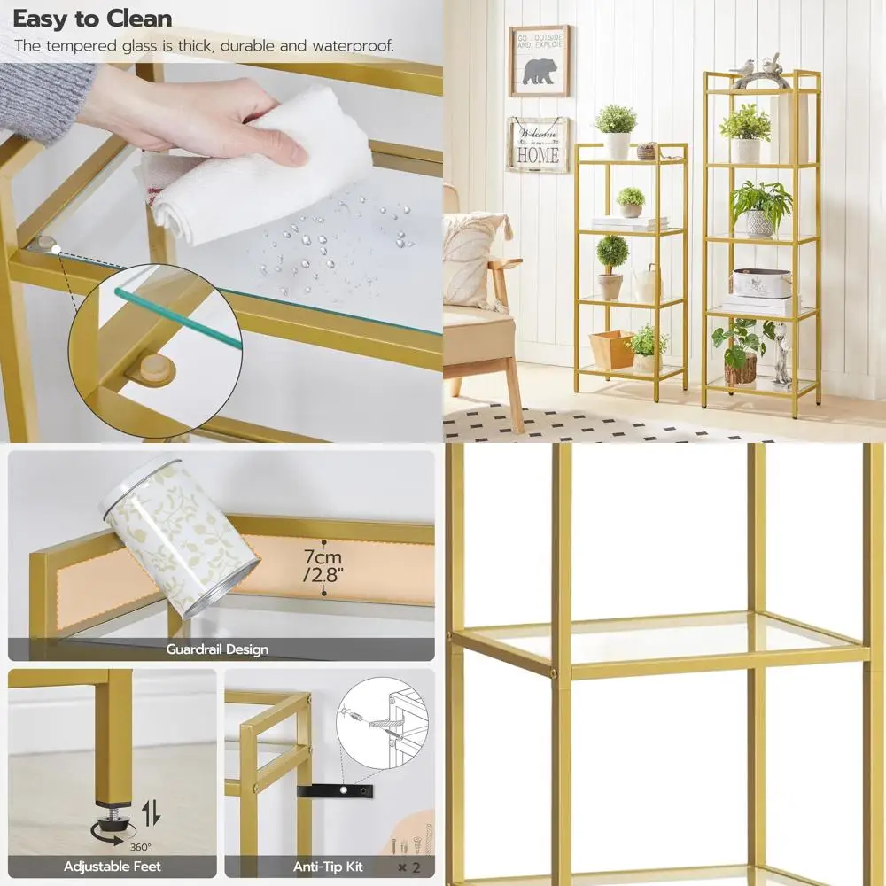 رف ذهبي من 5 طبقات، رف كتب ضيق، خزانة عرض مع خزانة كتب زجاجية، تخزين رف زاوية للمساحات الصغيرة، للمكتب المنزلي #1