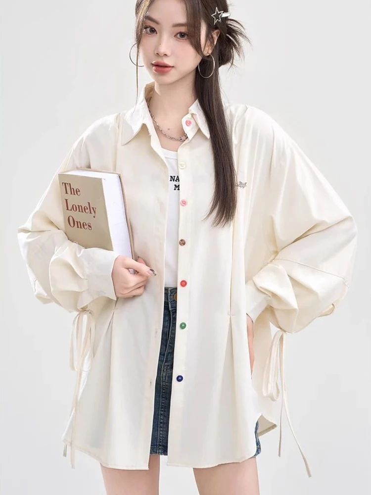 Jmprs Sweet Japan Loose Shirts Women Long Sleeve Elegant Colored Buttons Blouse Spring New Oversize Lace Up Female Design Tops