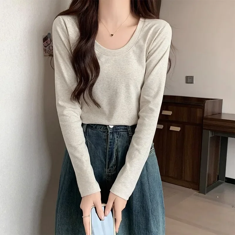 Women New Pure Cotton Big U-Neck T-shirts Long Sleeve Solid Colors Elastic Slim Tops Sping Autumn Simple Casual Bottoming Shirts