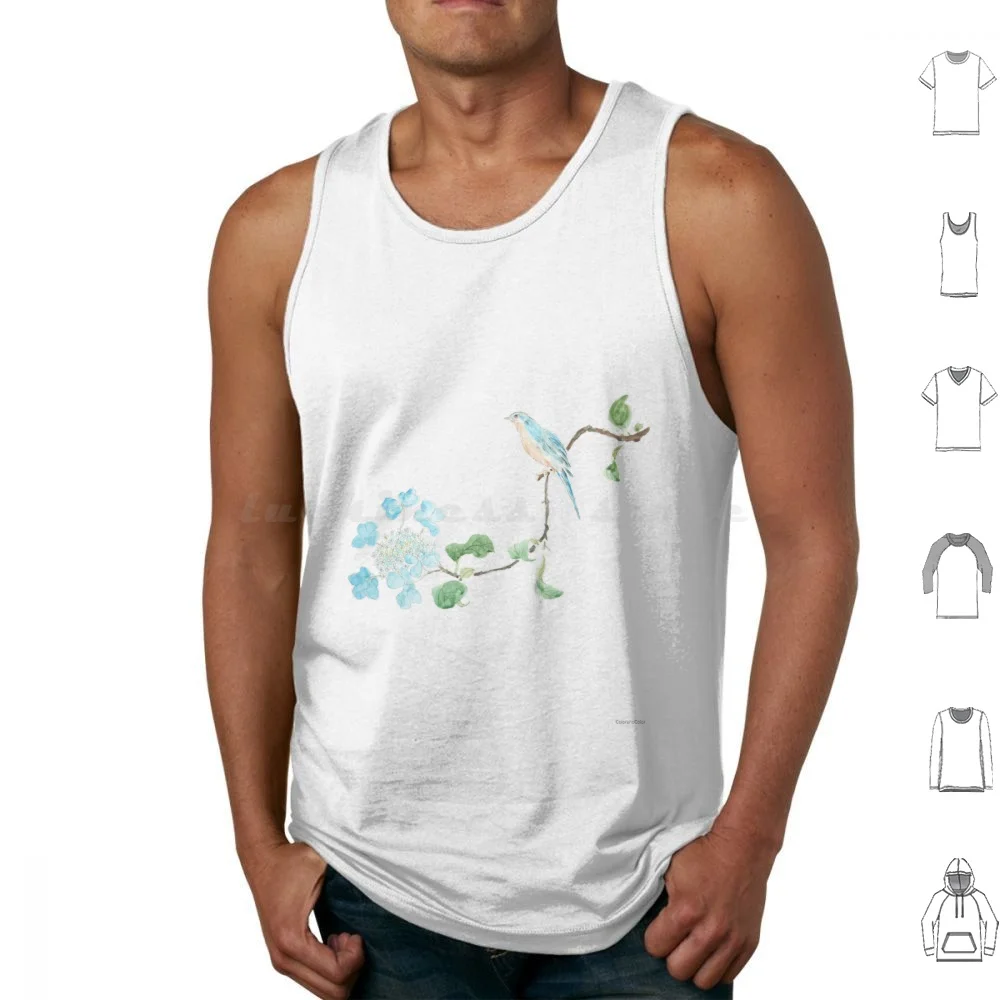 Hand Painted Blue And Blue Birds Watercolor Tank Tops Print Cotton Blue Flower Spring Flowers Summer Flowers Watercolor