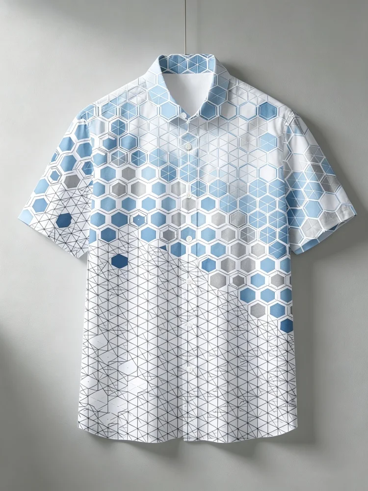 Men's modern style grid polygon pattern short sleeved shirt, trendy commuting loose and breathable single breasted shirt