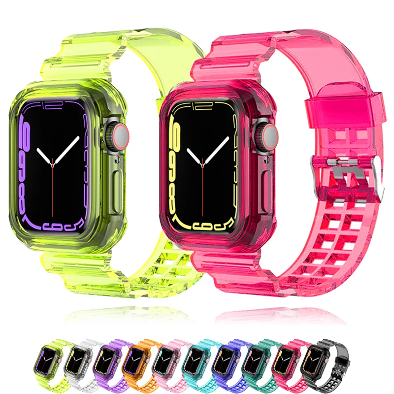 Sport Clear Band + Case for Apple Watch 9 8 7 6 SE 5 3 Transparent Silicone Strap for iwatch Strap 40MM 44MM 38MM 42MM 41MM 45MM