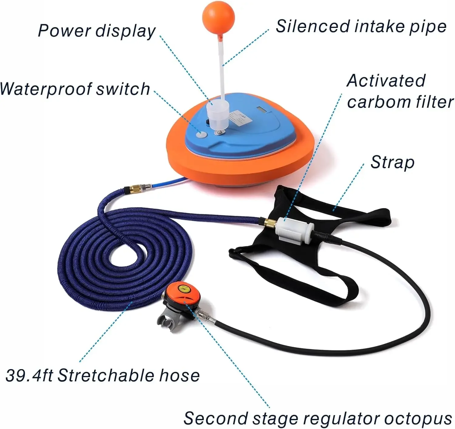 Scuba Diving Ventilator Tankless Diving System,Portable Rechargeable Scuba Diving Tank, Waterproof Air Compressor，Swimming Pool