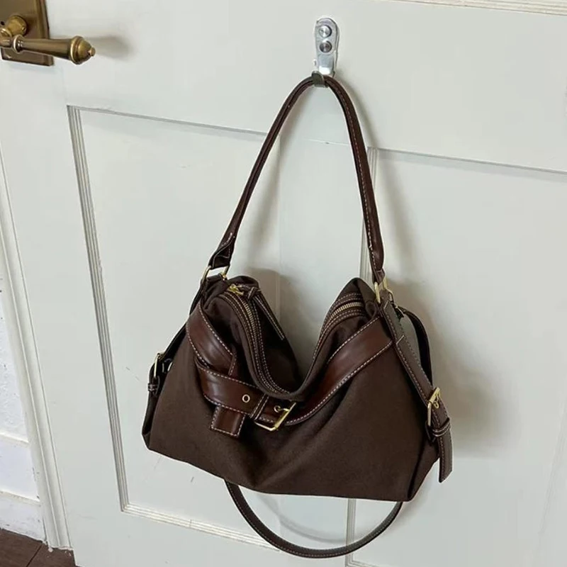 Brand Buckle Belt Hobo Bag Women Soft Suede Underarm Handbag Large Capacity Work Commute Shoulder Crossbody Bag Motorcycle Bag