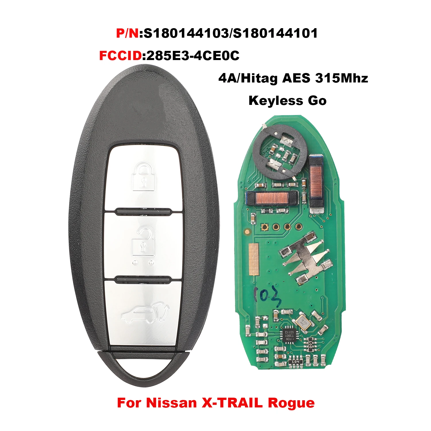 Jingyuqin S180144103/S180144101 285E3-4CE0C Chiave Auto A Distanza Per Nissan X-Trail 2014 2015 2016 2017 4A/Hitag AES 315Mhz Keyless Go