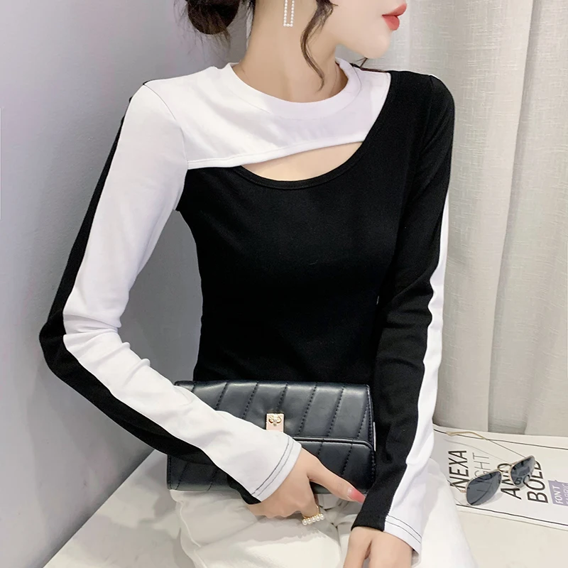 New Korean Fashion Casual Mesh See-through Splicing Hot Fix Woman Tshirts Women Sexy Tops Female Ladies Slim Clothes Py9112