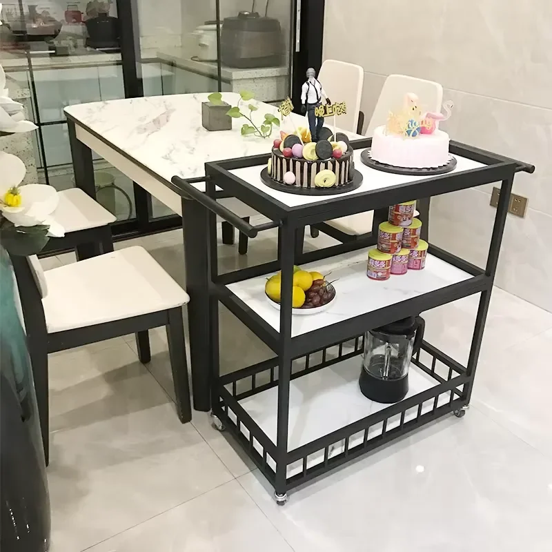 Metal Wood Panel Hotel Dining Cart Commercial Restaurant 4-Wheel 3-Shelf Silent New Chinese Style Baotu Furniture Model