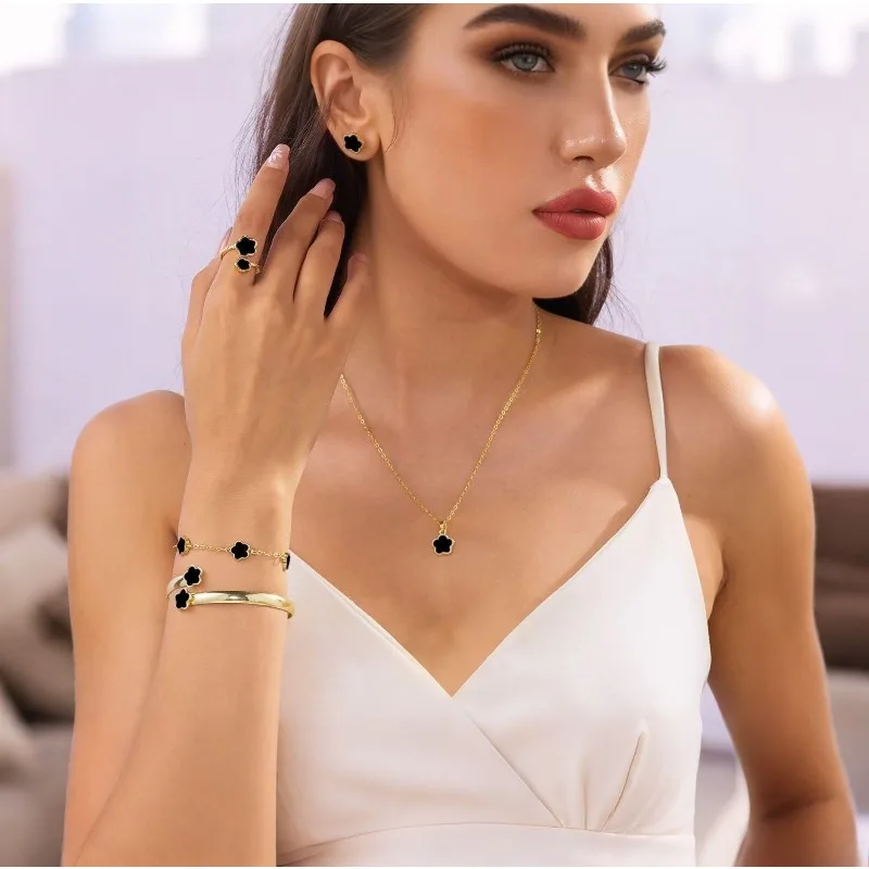 5pcs Lucky Five-petal Flower Women's Jewelry Sets Fashion Flower Bracelet/Necklace /Earrings/Bangles+Ring Sets Birthday Gifts