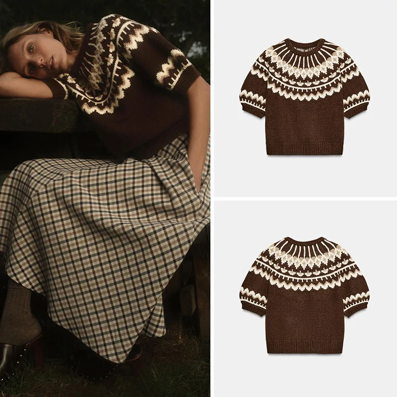 

Faionable Casual Knitted ort Sve Sweater Retro Embroidery New Arrival Women's round Ne Top for Autumn Season