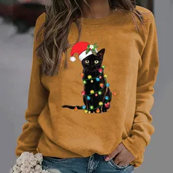 Moletom estampado de Natal feminino, pulôver de manga comprida, blusa feminina, estampa de gato feia, sobretudos coreanos, moletons de ano novo