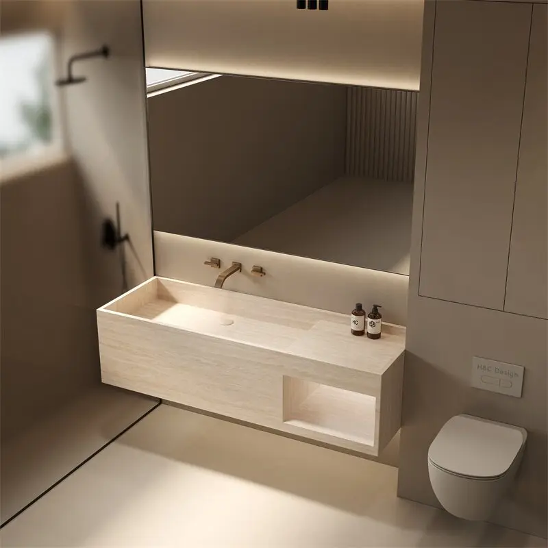 Cream wind tunnel stone rock slab integrated seamless basin villa bathroom washbasin face bathroom cabinet