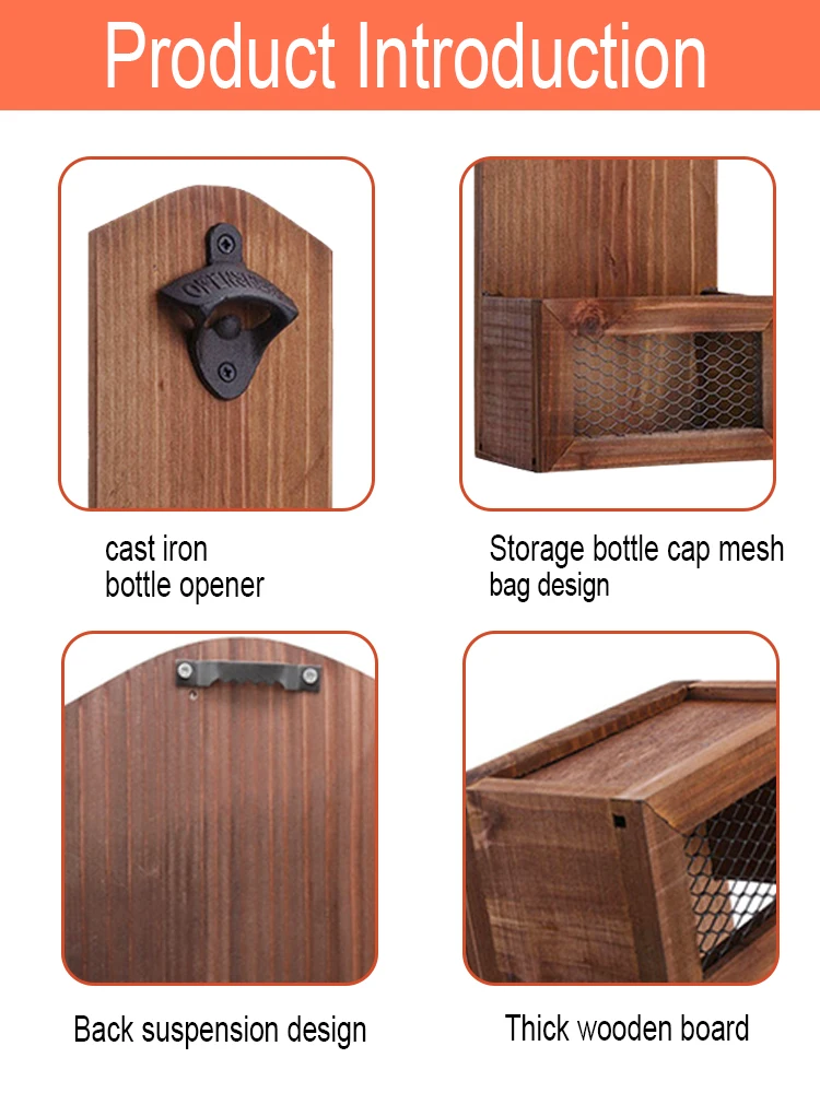 Apribottiglie da 1 pezzo, apribottiglie da parete in legno vintage con raccoglitore di tappi per bottiglie di birra, strumento per la cucina domestica