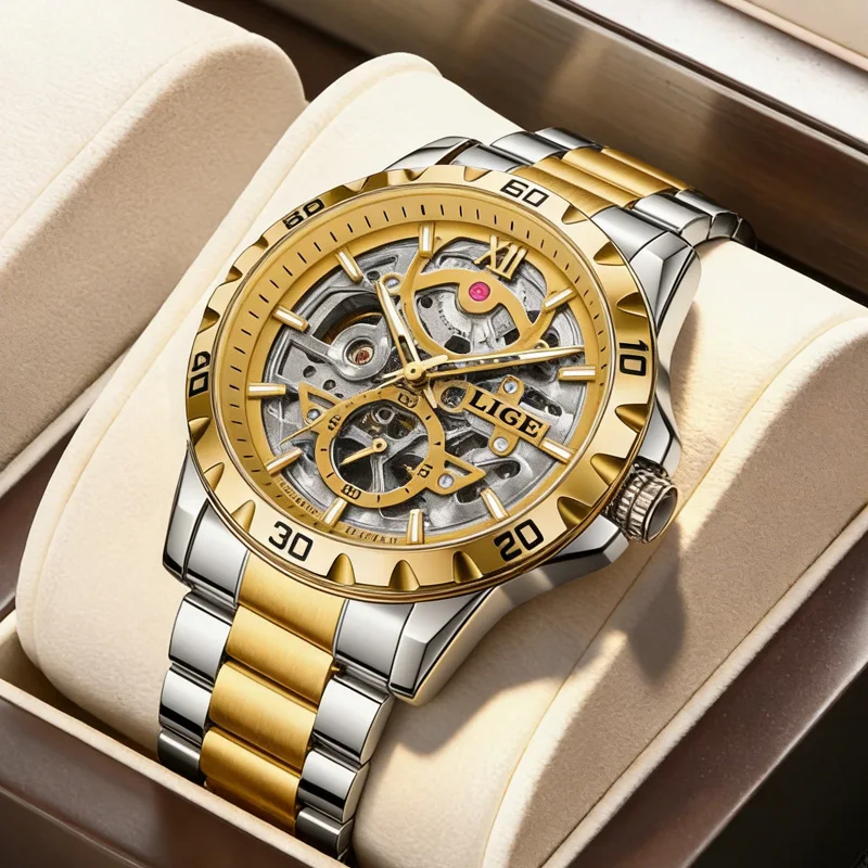 

LIGE Бизнес Золотые мужские часы Скелет Механические наручные часы из нержавеющей стали Водонепроницаемые роскошные светящиеся автоматические часы для мужчин