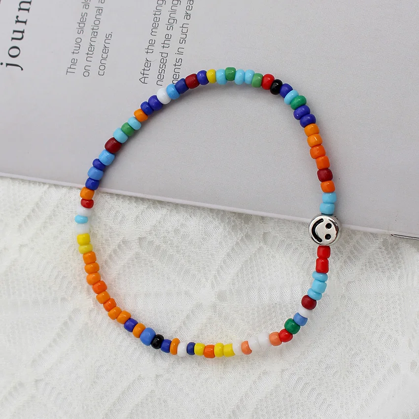 Smile Face Bracelets For Women Bohemian Colorful  Seed Beaded Strand  On Hand   Summer  Femme Charm Bracelet Jewelry