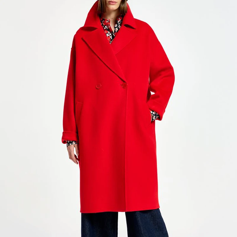 Red medium to long casual women's wool coat customized wool blend for winter warmth plus loose fit simple women's coat