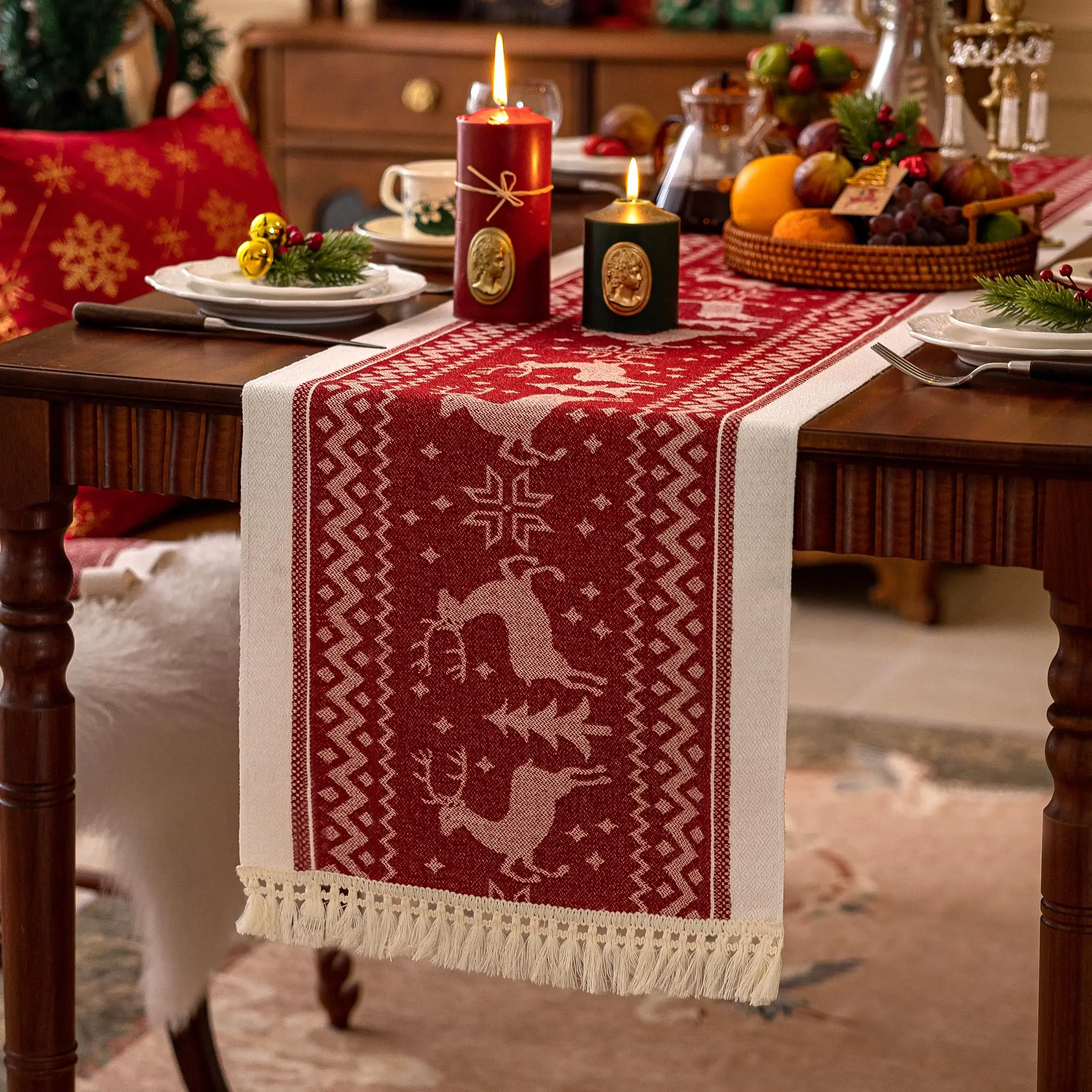

Table Runners 72 Inches,Elk Table Runner with Tassel Fringe,Christmas Table Runner for Party，Coffee Table, Festival