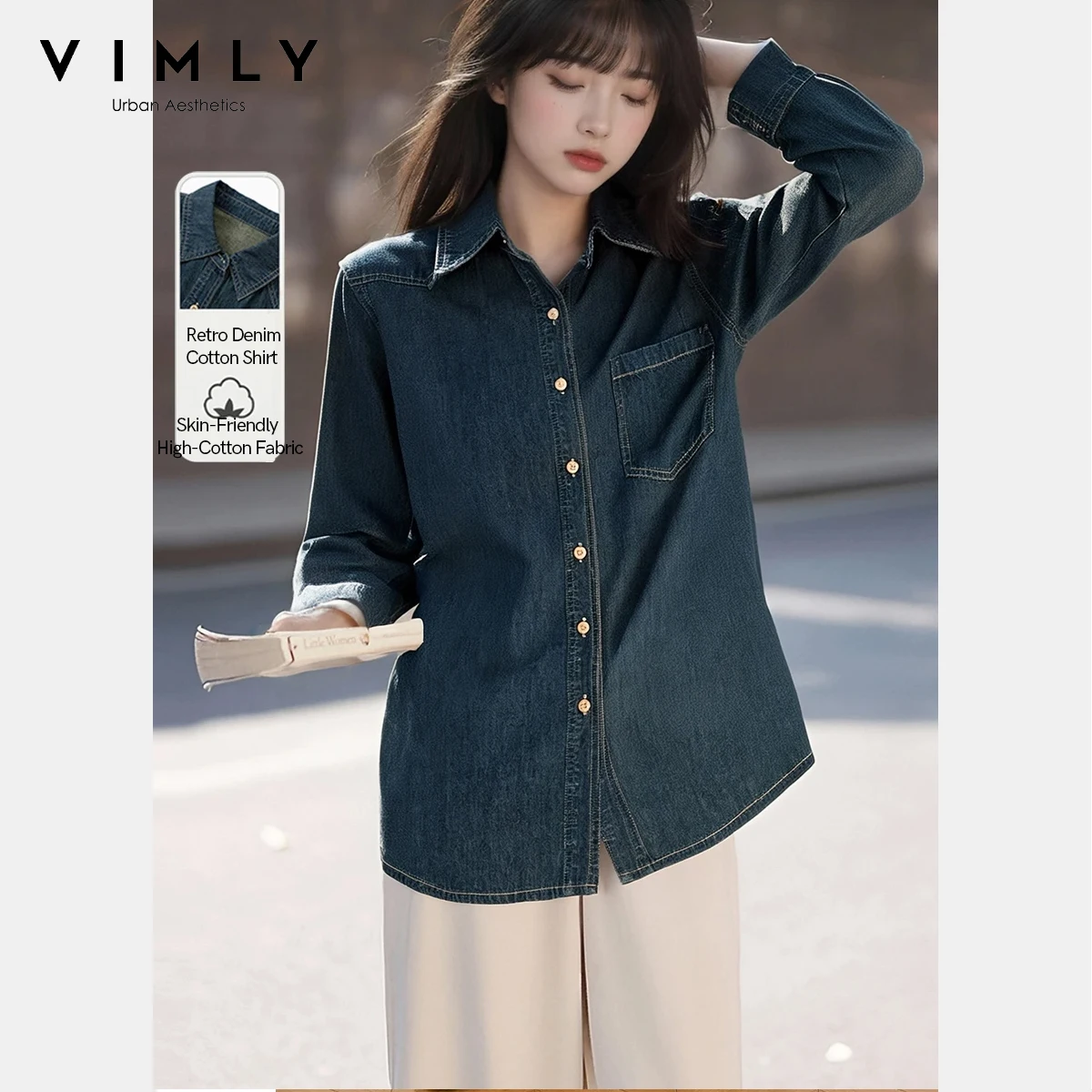 

Женская джинсовая куртка Vimly, осень 2022, ретро-стиль, отложной воротник, длинный рукав, свободное пальто, повседневная винтажная верхняя одежда 73262