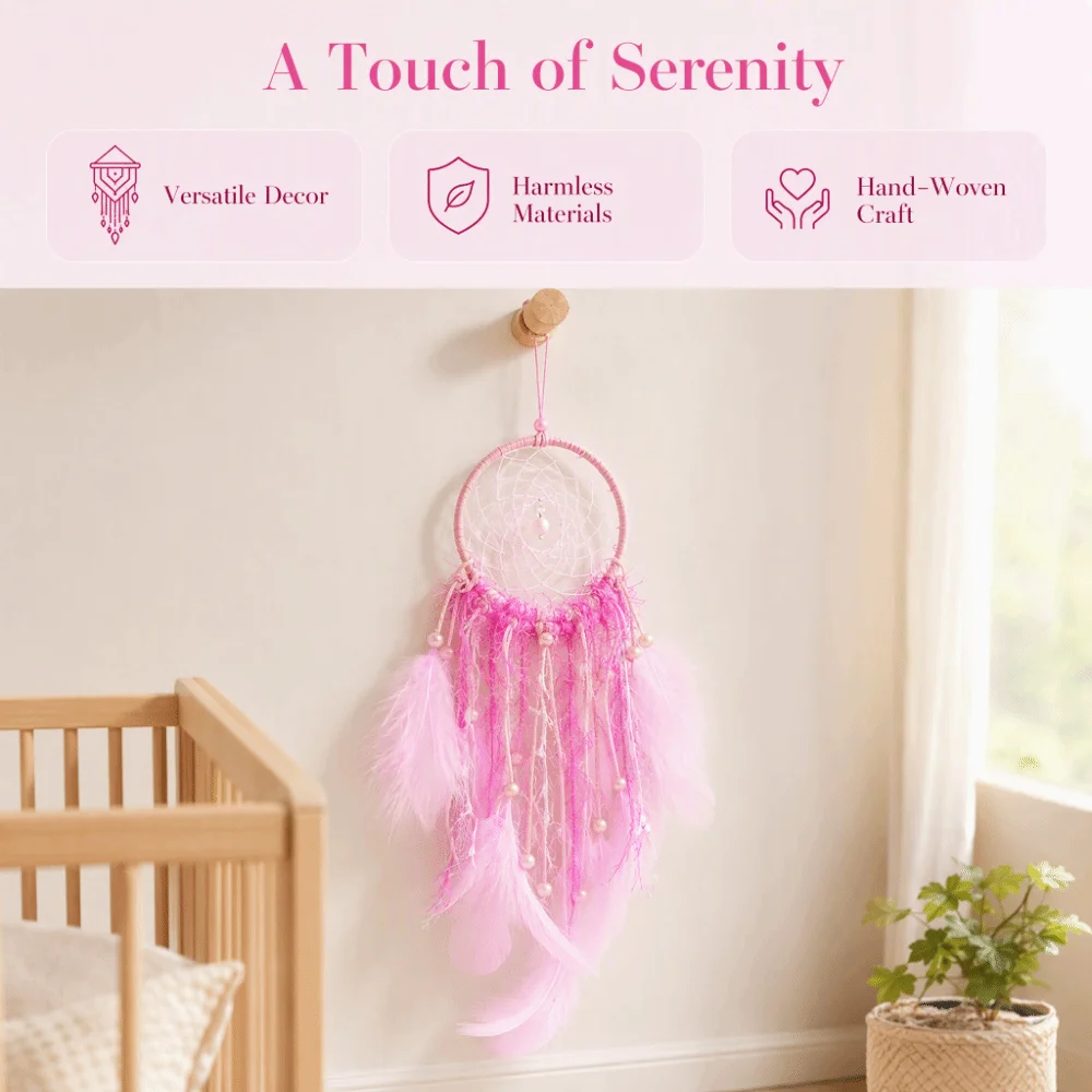 Pink Feathers Dreamcatcher Pendant 4.33x13.78in Hanging Design Feather Dreamcatcher Handmade Craft Wall Hanging Dreamcatcher