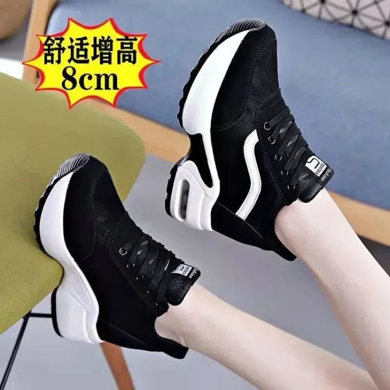 Kobiety 2024 Wiosna Casual Platform Shoes Fashion High Heels Woman Wedges Sneakers Shoes 8 CM Height Increasing Outdoor White Shoes