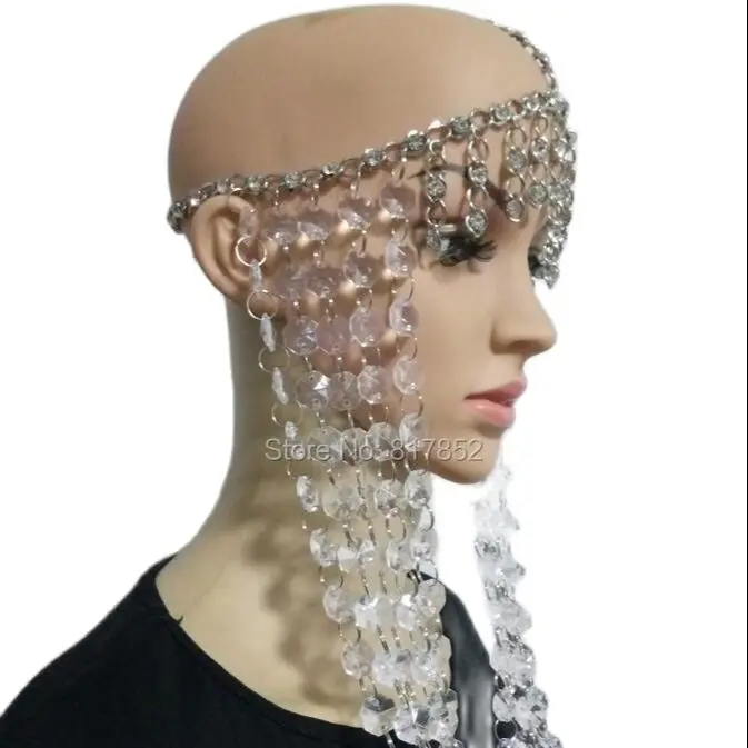 New Style Women Silver Plated Chains Layers Silver Rhinestone Chains Clear Beads Head Chains Jewelry WRHE08