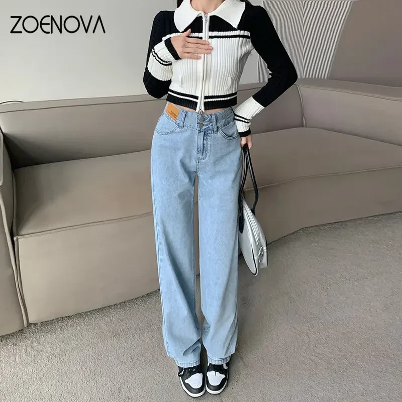 ZOENOVA Women's 2023 New Summer High Waisted Double Button Pants Fashion Leather Patch Design Loose Mopping Long Wide Leg Jeans