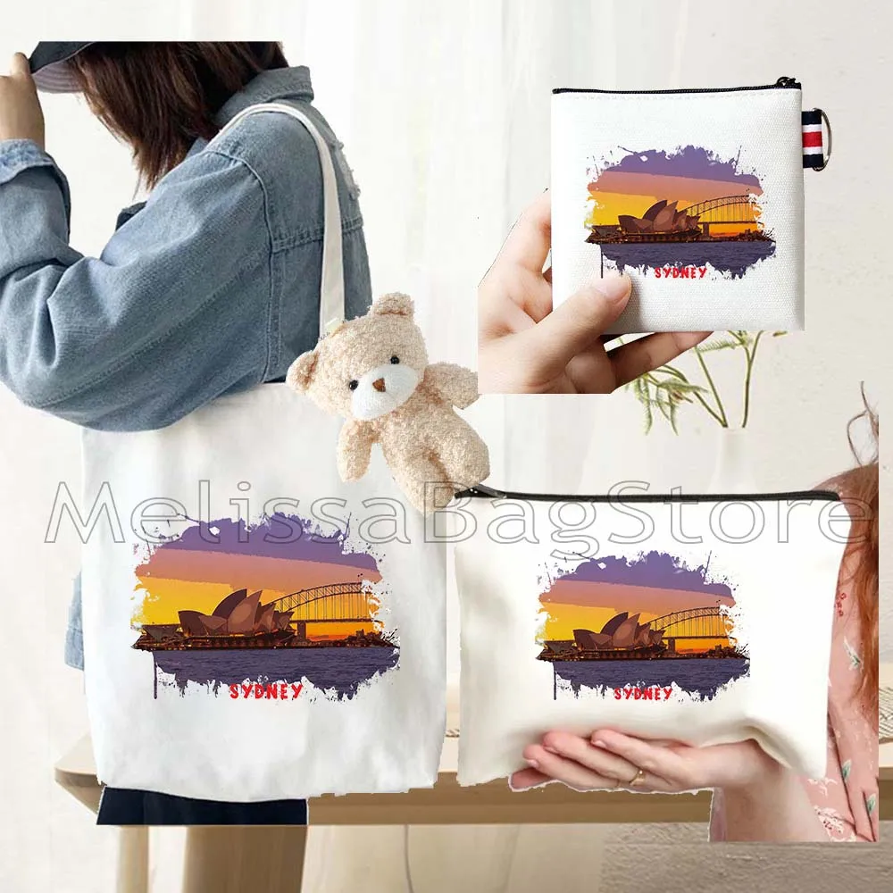 

4PCS Gifts Sydney Australia White Canvas Tote Bag Handbag with Doll Key Coin Purse Cosmetic Makeup Toilet Bag Case Pouch