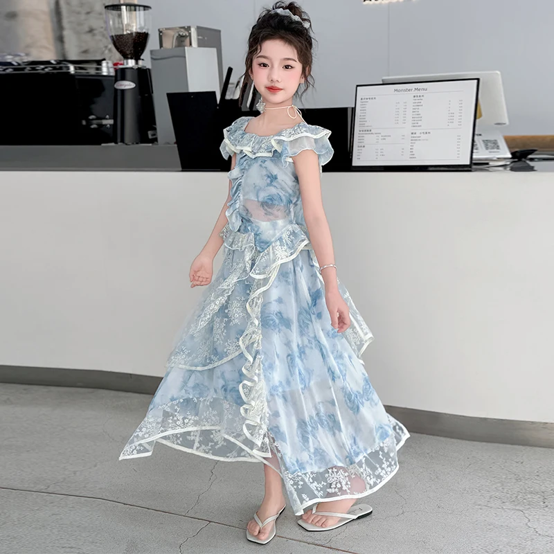 2025 Summer Vacation Style Dress for Girls Seaside Lace Embroidered Strap Set Skirt Irregular Skirt for Children