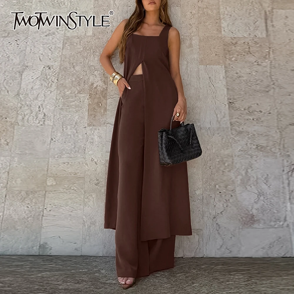 

TWOTWINSTYLE Solid Spliced Folds Two Piece Set Female Square Collar Sleeveless Top Vintage Design Women's Pants Sets Fashion New