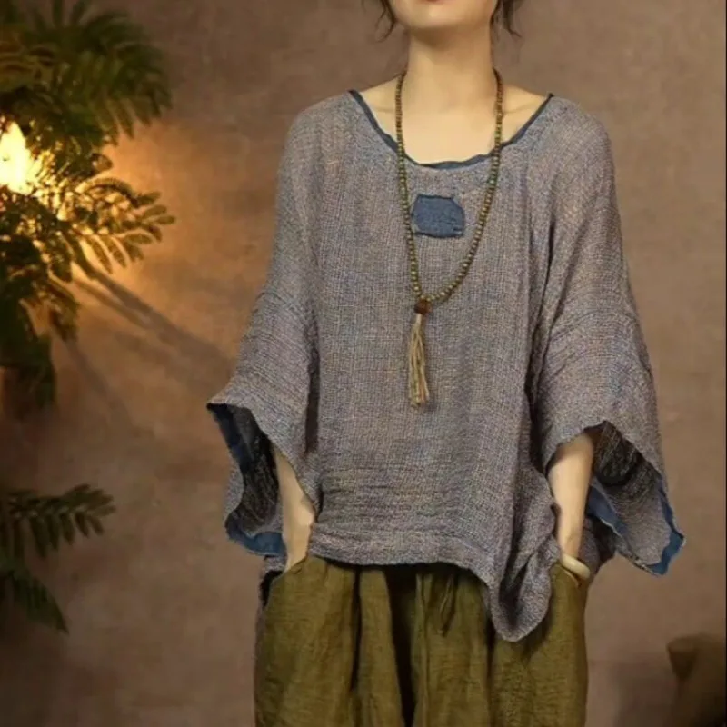 Women Two Color Thick Woven Rough Feel Linen Pullover Blouses Spring Summer Breathable Loose Oversized Casual Linen Outerwear