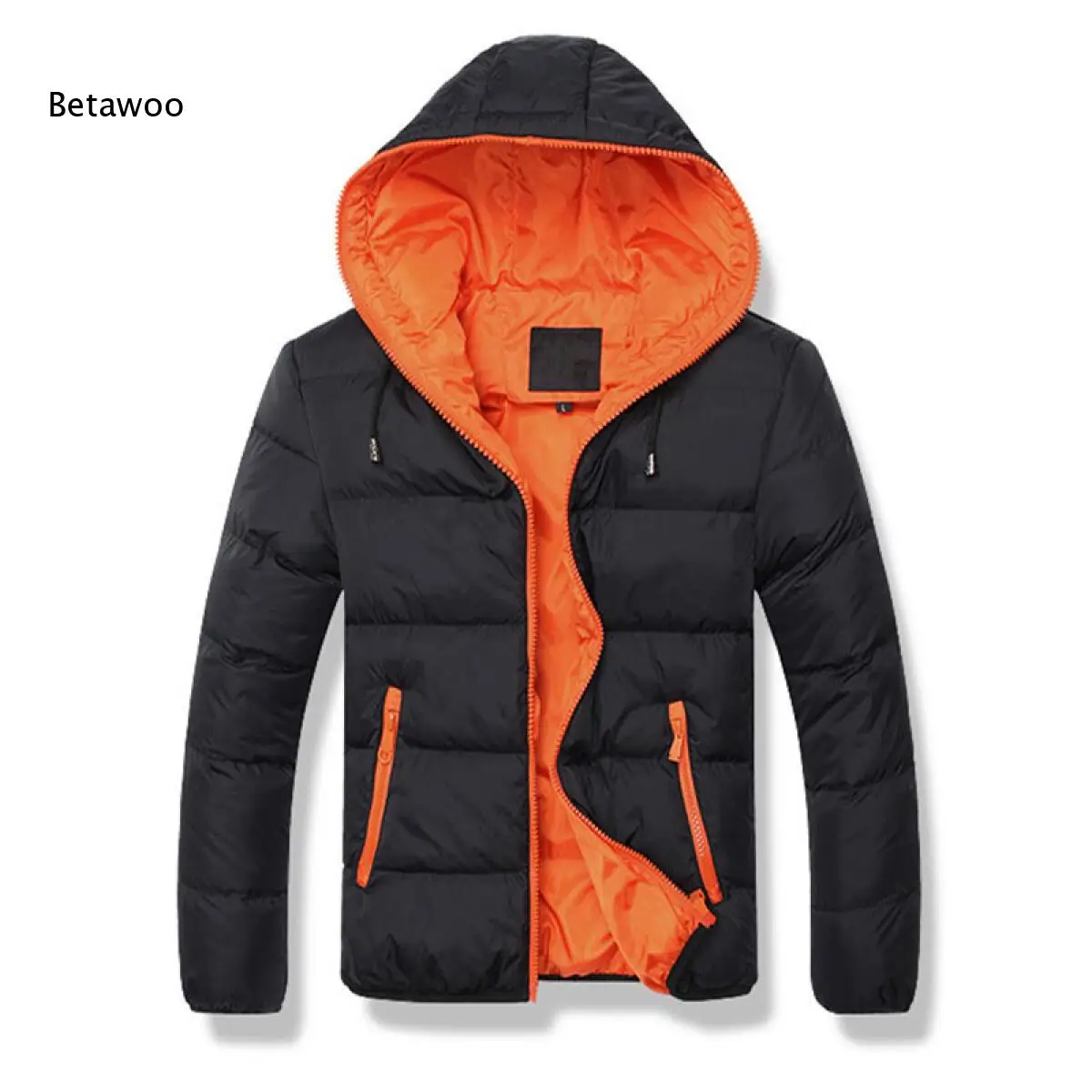 Men Contrast Lining Hooded Puffer Jacket Full Zip Quilted Padded Winter Coat With Zipper Pockets For Outdoor Daily Wear