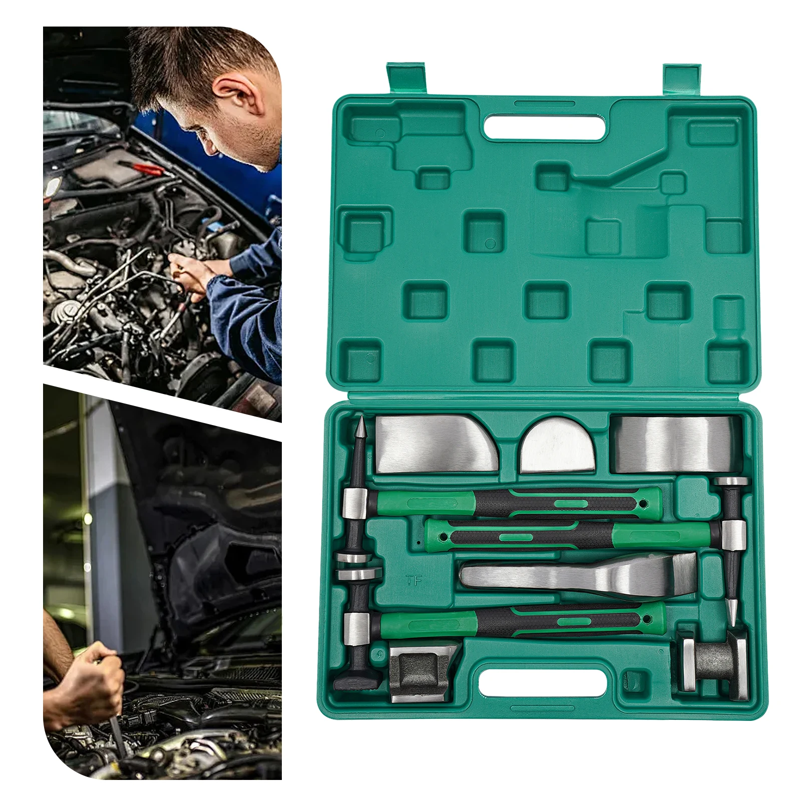 9PCS Auto Body Dent Repair Tool Kit Green Handle Metal Hammer Set DIY Sheet Metal Repair Tools for Car Dents