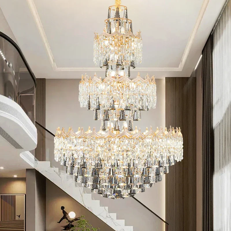Duplex Chandelier European Luxury Villa Living Room Crystal Light Luxury Hotel Hall Lamps Hollow Tall Hanging Lighting