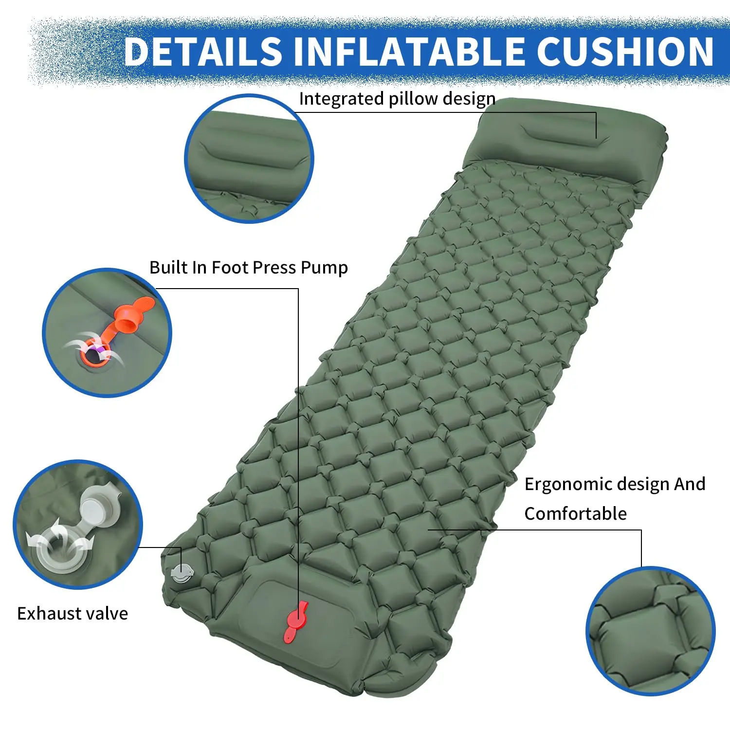 وسادة نوم للتخييم قابلة للنفخ خفيفة للغاية مع مضخة قدم مدمجة ووسادة - وسادة للمشي لمسافات طويلة، وسادة ظهر #2