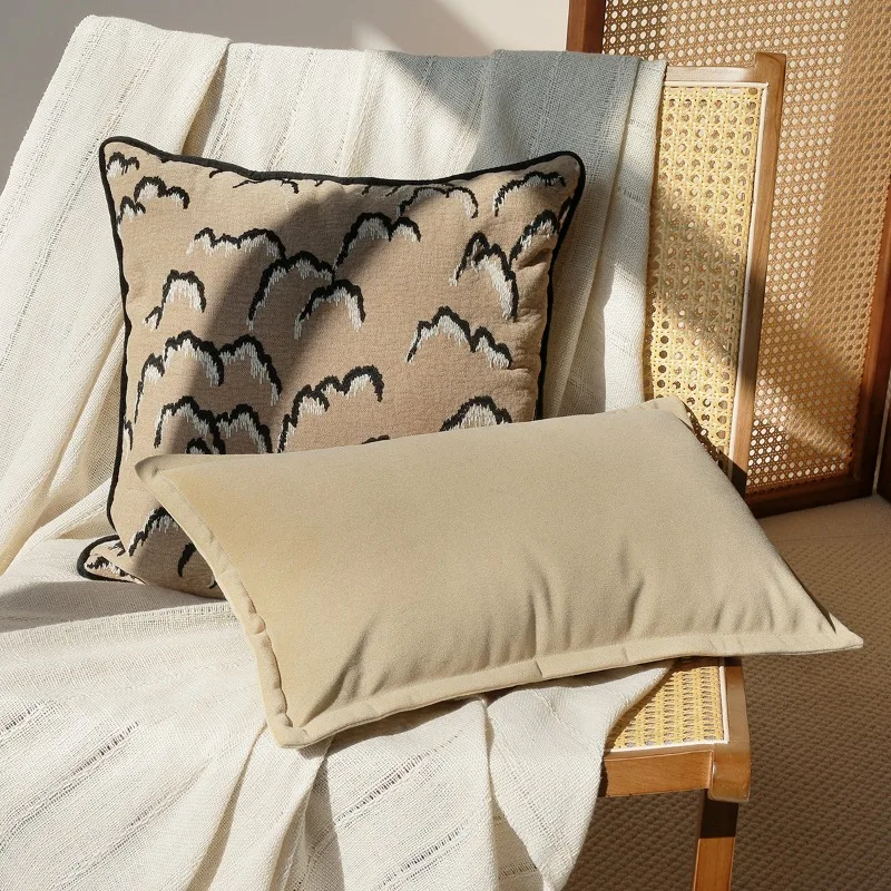 Modern Abstract Embroidered Cushion Cover Velvet Pillow Case Neutral Tone Khaki Beige Minimalist Home Decor Throw Pillow Covers