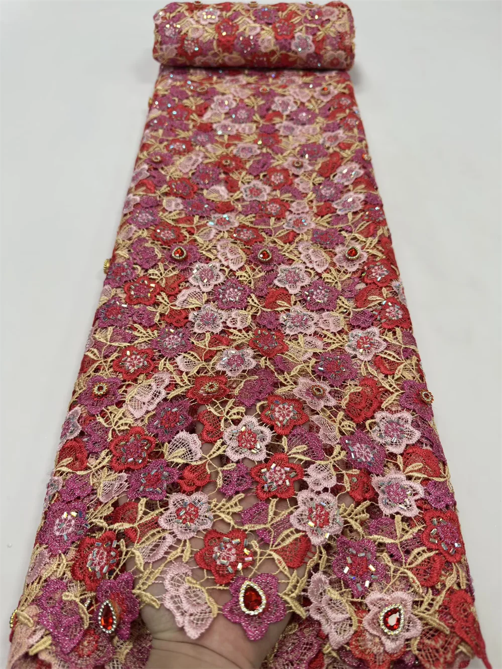 African Guipure Fabric 3D Embroidery Big Gem Cord Lace Flower Lurex Water Soluble Traditional Senegal Clothing Fashion Sewing