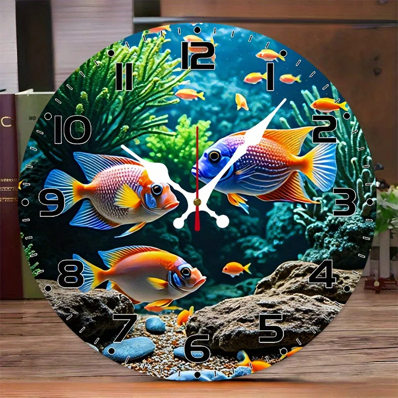 Reloj de pared redondo silencioso de 10 pulgadas con diseño de pez vibrante - Chapa de madera, reloj plano redondo para sala de estar, dormitorio, cocina -