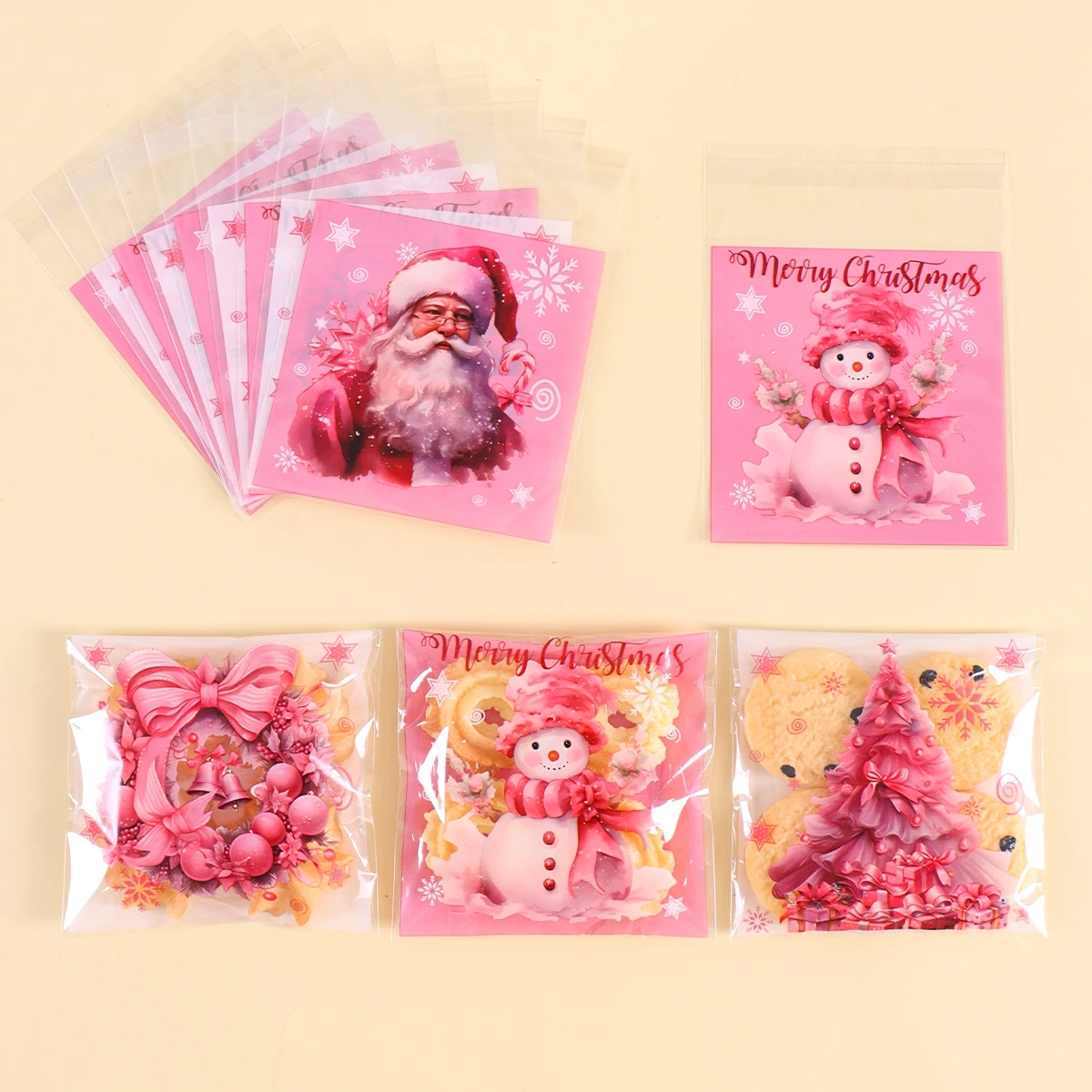50/100 Stück rosa Weihnachts-Süßigkeitsbeutel, selbstklebende Geschenktüten, Kekse-Snack-Beutel, 2022, Navidad, Weihnachten, Neujahr, Party-Dekoration, Zubehör – Detail 5