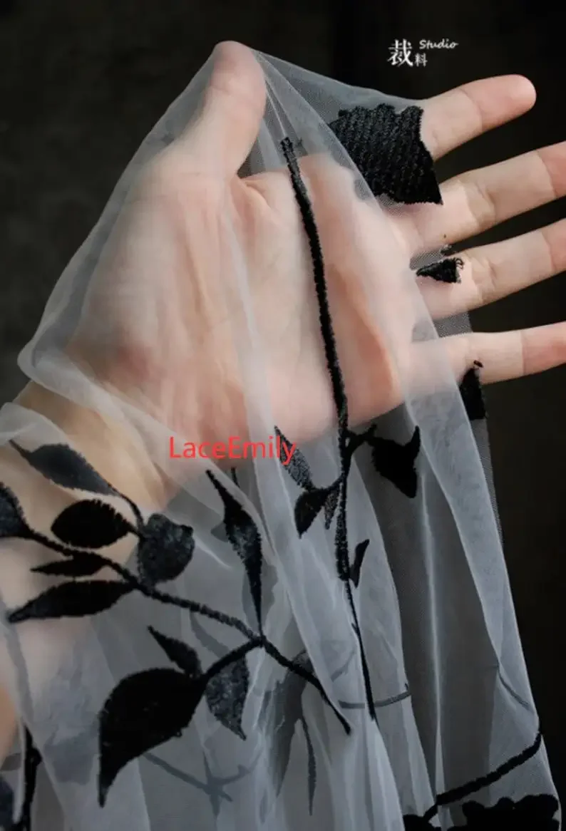 Delicate black floral embroidery Lace Fabric Floral Soft tulle lace for wedding dress Bridal Veil Floral dress 51