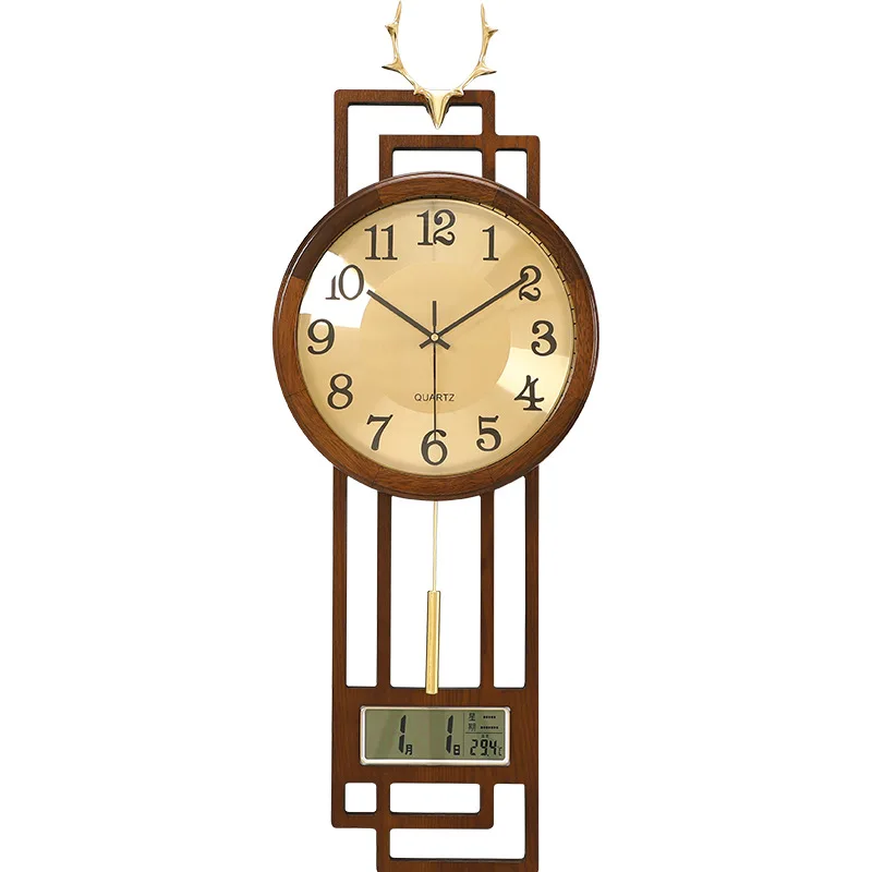 

New Chinese style wooden wall clock household silent perpetual brass deer head wall decoration quartz