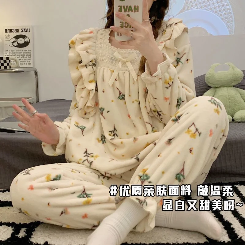 Women's Coral Fleece Pajama Set Long Sleeve Winter Warm Sleepwear Cozy Comfortable Flannel Loungewear Homewear Autumn Fashion