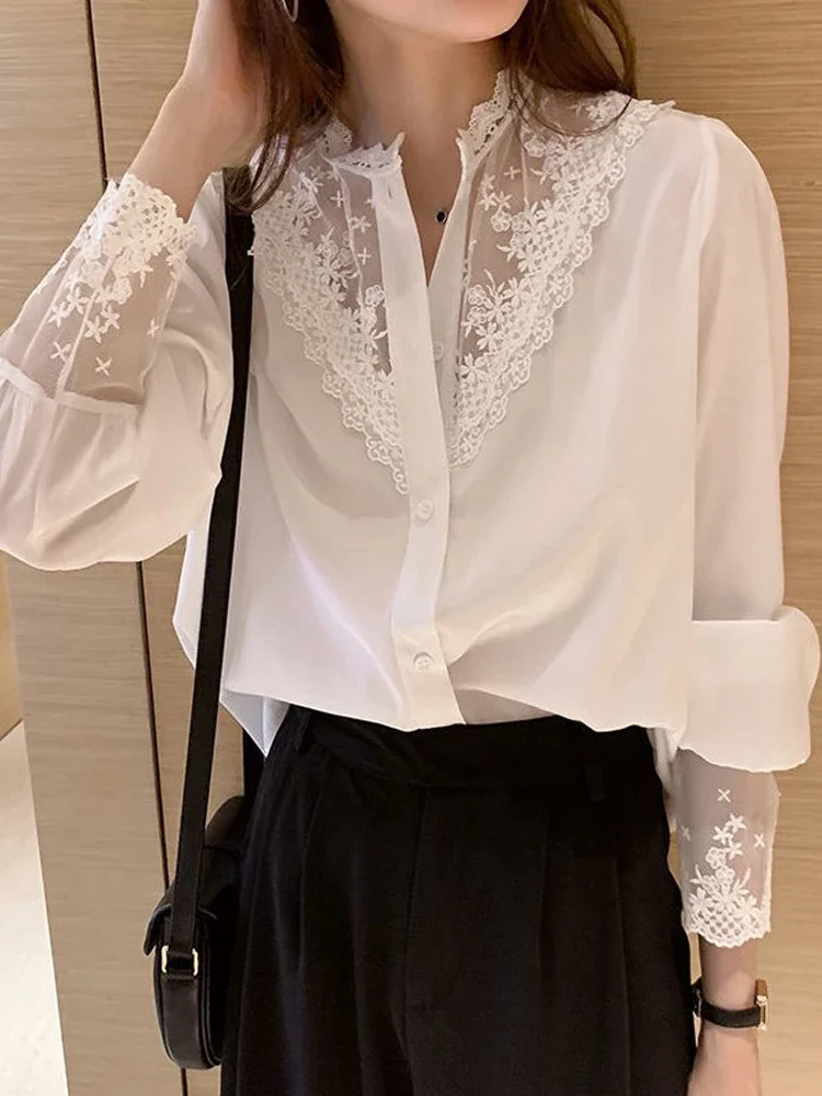 Black Lace Patchwork Shirt Women Autumn Long Sleeve Single Breasted Blouse Elegant Office Ladies Korean Fashion Slim Blusa Mujer