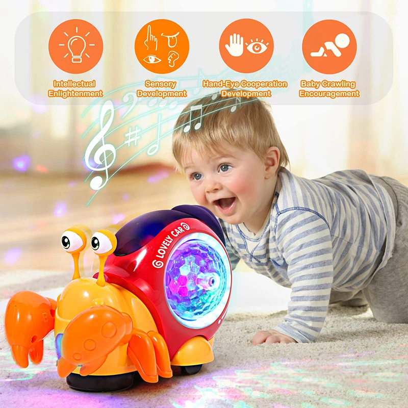 Crawling Crab Kids Toys with Music LED Light Up Interactive Musical Toys for Toddler Baby Electronic Pets Moving Crawling Toys