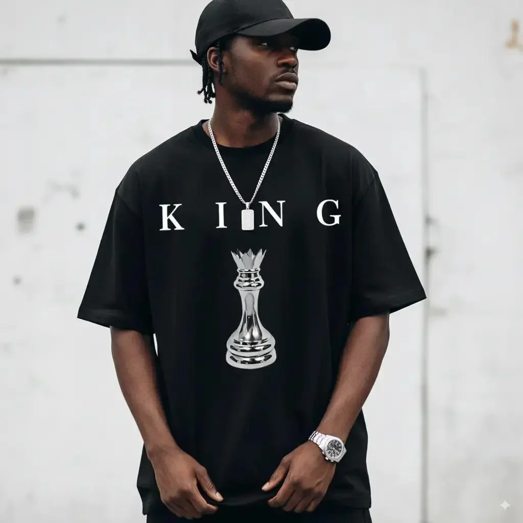 Men's Photorealist Chess King Graphic T-Shirt - Unisex, Loose-Fitting, Classic Fit 180GSM Draped Cotton Tee, Casual Short-Sleeve, Photorealistic Digital Transfers, Minimalist, Multi-Size (3XL,4XL), Menswear Tops, All Seasons