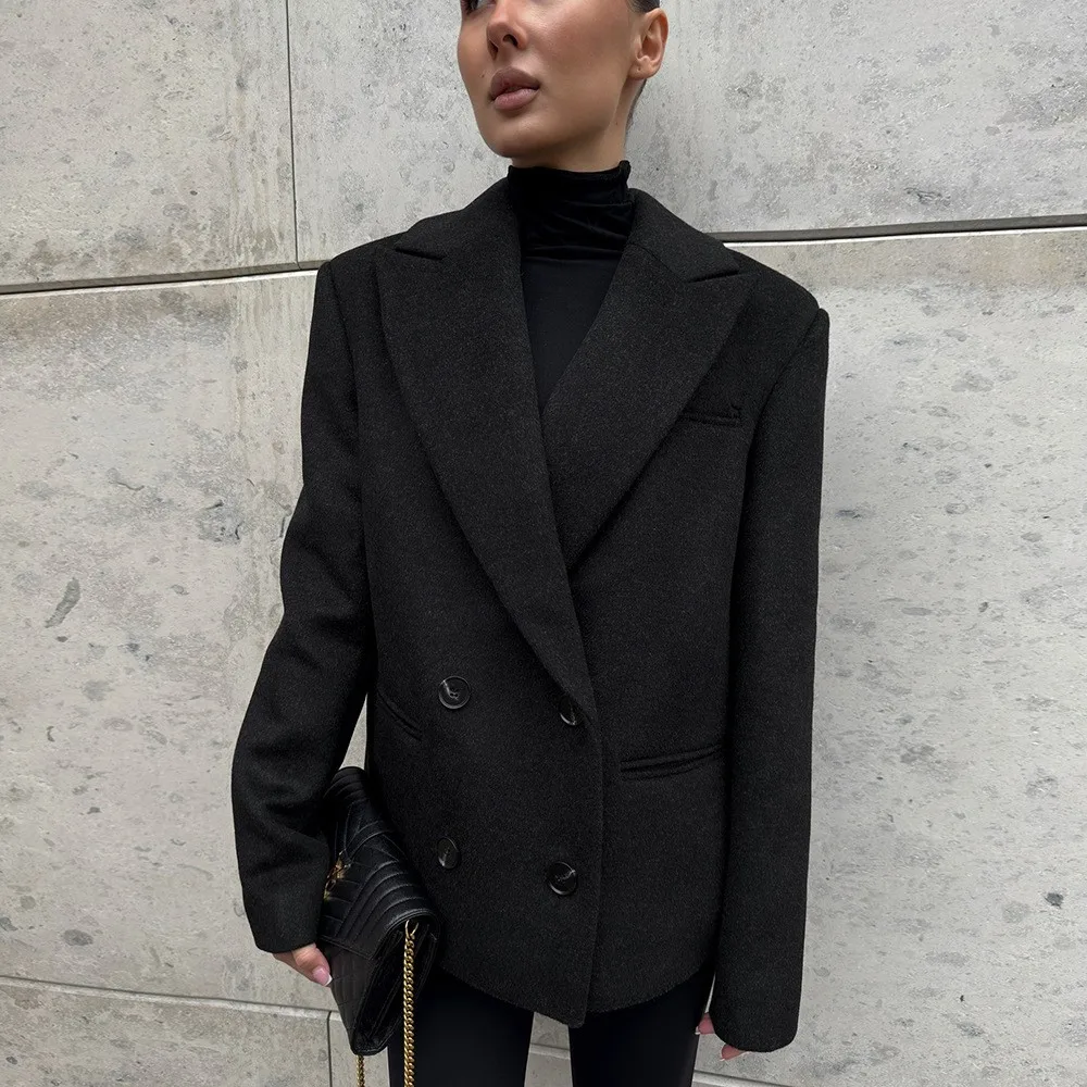 Women's Spring Elegant Blazer Jacket with Notched Collar Long Sleeve Loose Fit Solid Color Mid Length Minimalist Fashion Coat
