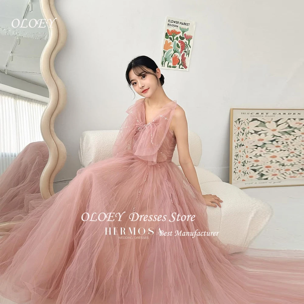 

OLOEY Elegant Blush Pink Korea Evening Dresses Sparkly Shiny Tulle Wedding Photo Shoot Dresses Bow Customized Bride Gown 웨딩드레스