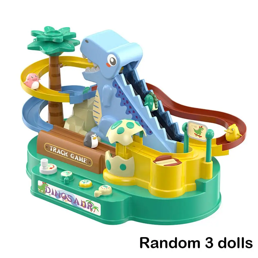 Dinosaur Electric Race Track Set para meninos e meninas, Stair Climbing e Sounding Toys, USB recarregável presente, 3 Random Dolls